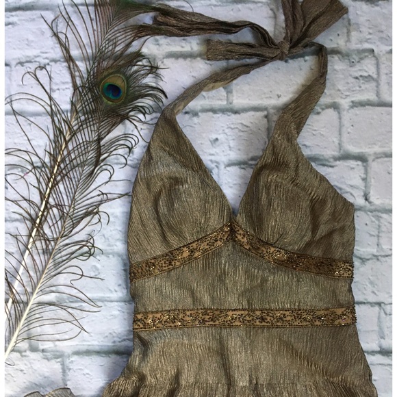 ⭐️Cache 4 Halter Bronze Silk Crinkle Beaded Lined - Picture 4 of 8